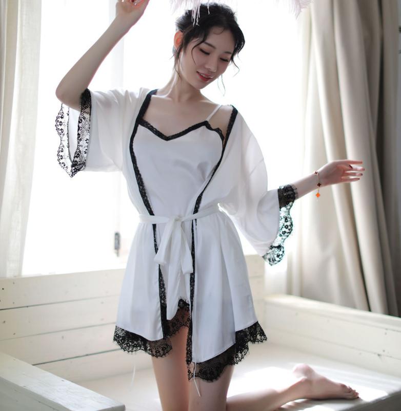 

Pajamas Set Sexy Womens Strap Pijamas 2PCS V-Neck Nightdress Robe Gown Lady Sleep Suit Sleepshirt Kimono Negligee Home Clothing, White