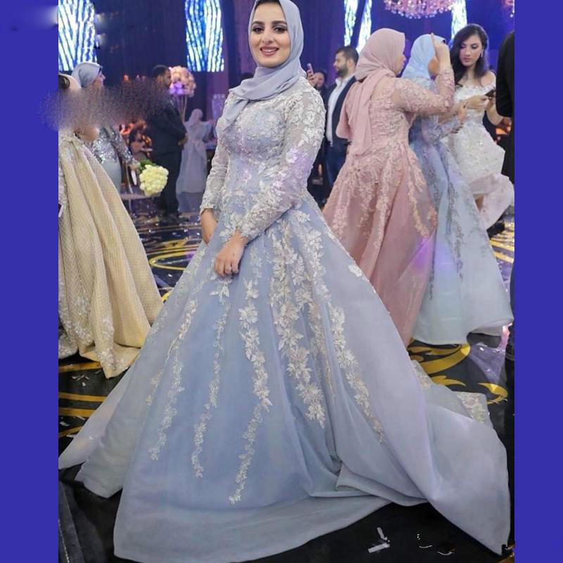 

Long Muslim Evening Dress Hijab Arabic Evening Gowns Long Sleeve Formal Prom Dresses Appliques Puffy Organza, Orange