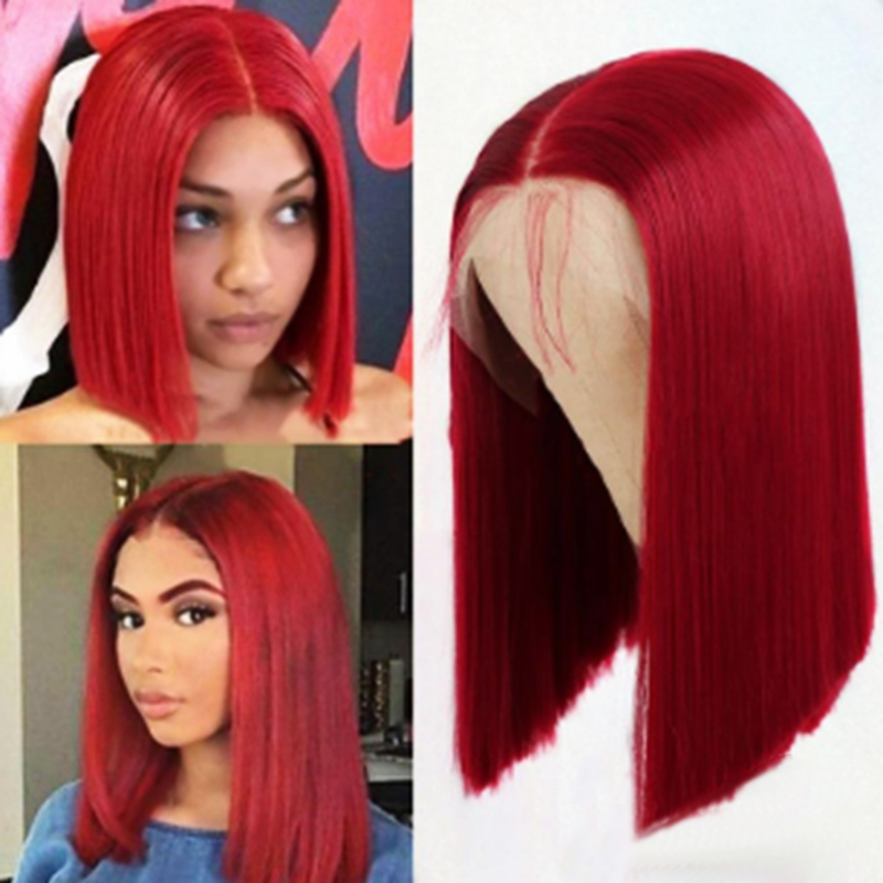 

Hot Wine Red Short Bob Straight Hair Glueless Heat Resistant Synthetic Lace Front Wigs 14inch Fashion Women Wigs with Baby Hair, #27