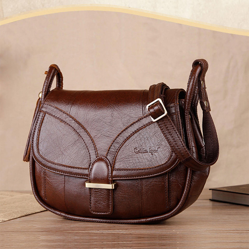 

genuine leather fashion leisure bag Single Shoulder Messenger Bag retro first layer cow leather European and American women's handbag, Brown