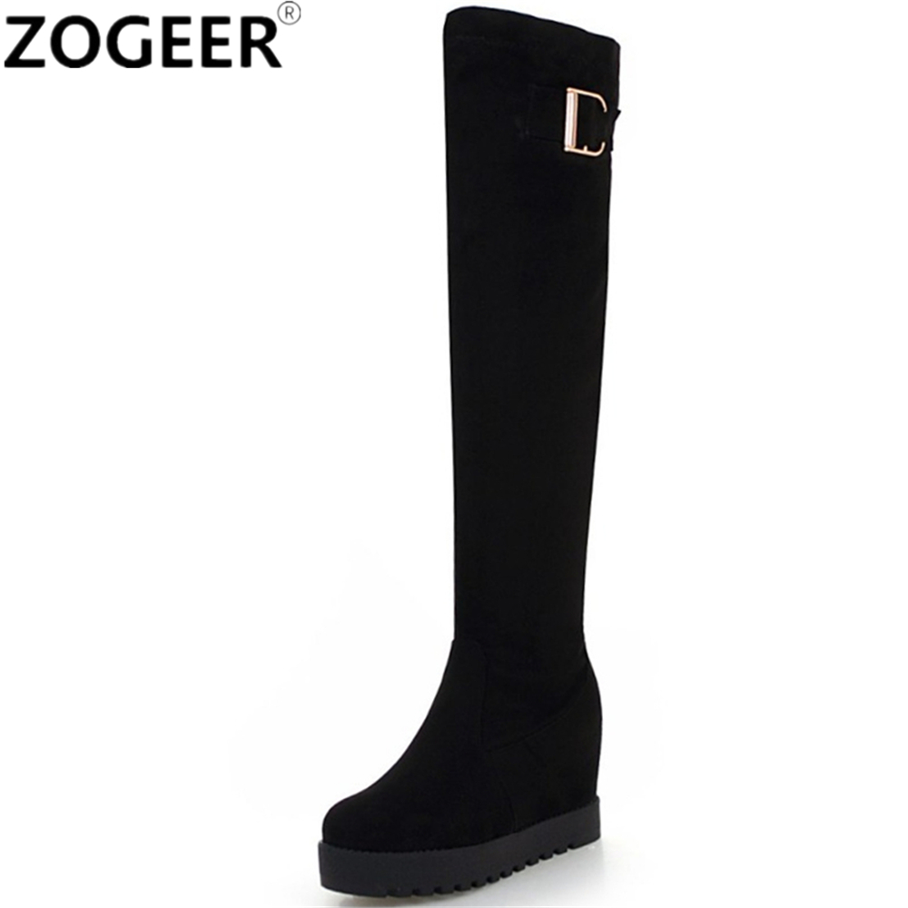 

Plus Size 43 Classic Wedges Long Boots Women Winter Height Increasing Black Knee High Boot Stretch Fabric Flock Thigh High Shoes, Red