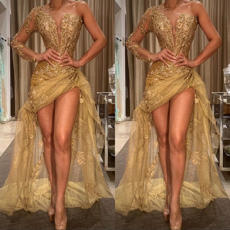 

Shiny Gold One Shoulder Prom Dresses 2020 Sequined Appliques Long Sleeves Mermaid Evening Dress African Party Vestido, Light purple