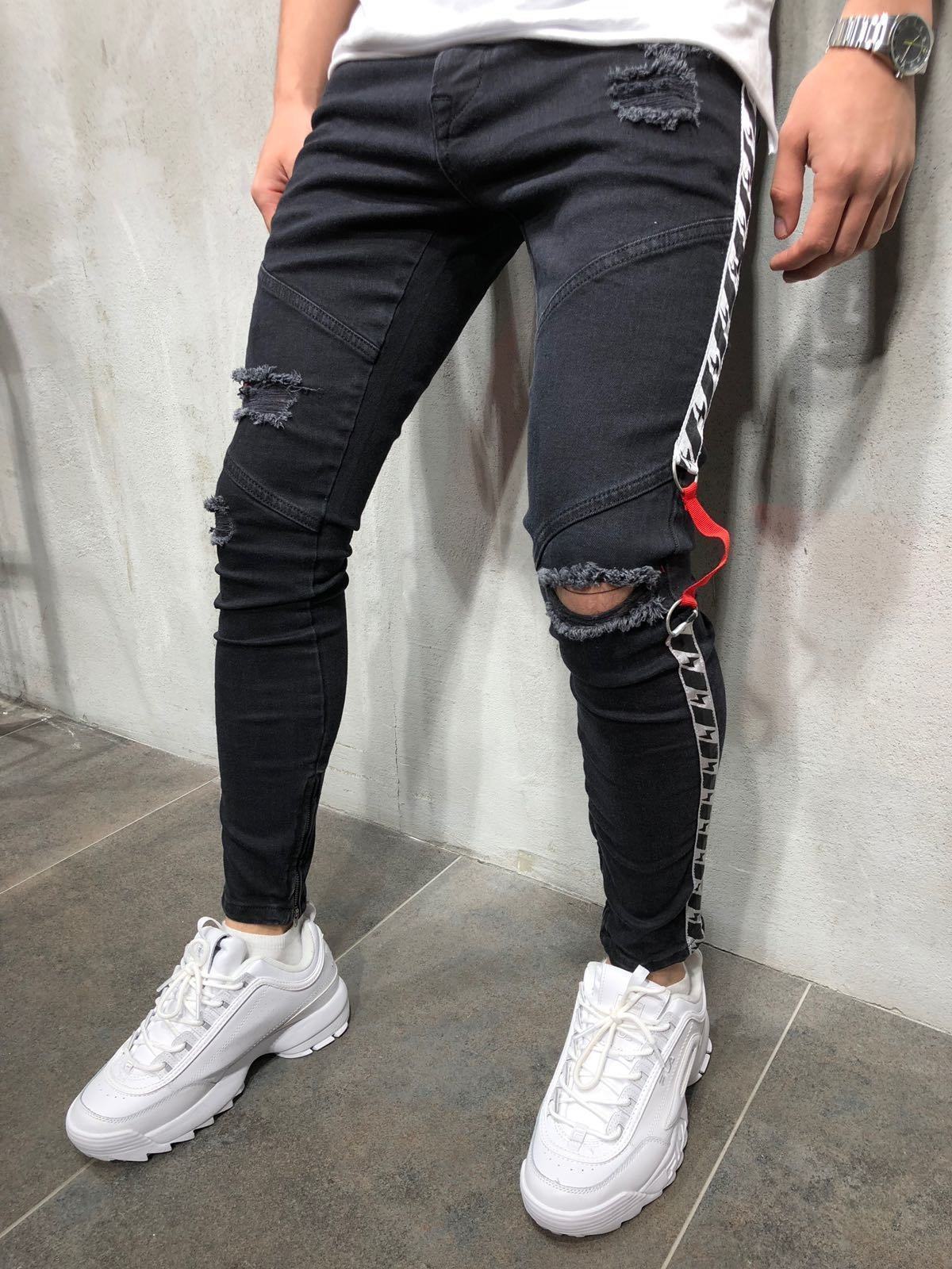 

Fashion-Mens Black 19ss Biker Jeans Ripped Distressed Spring Summer Pencil Pants Hombres Jean Pantalones