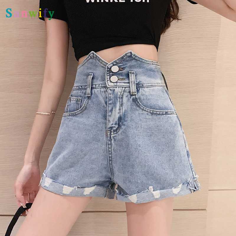 

New Denim Shorts Women 2020 Summer Denim Shorts Cotton Vintage Washed Hole Wide High Waist Pants, Black