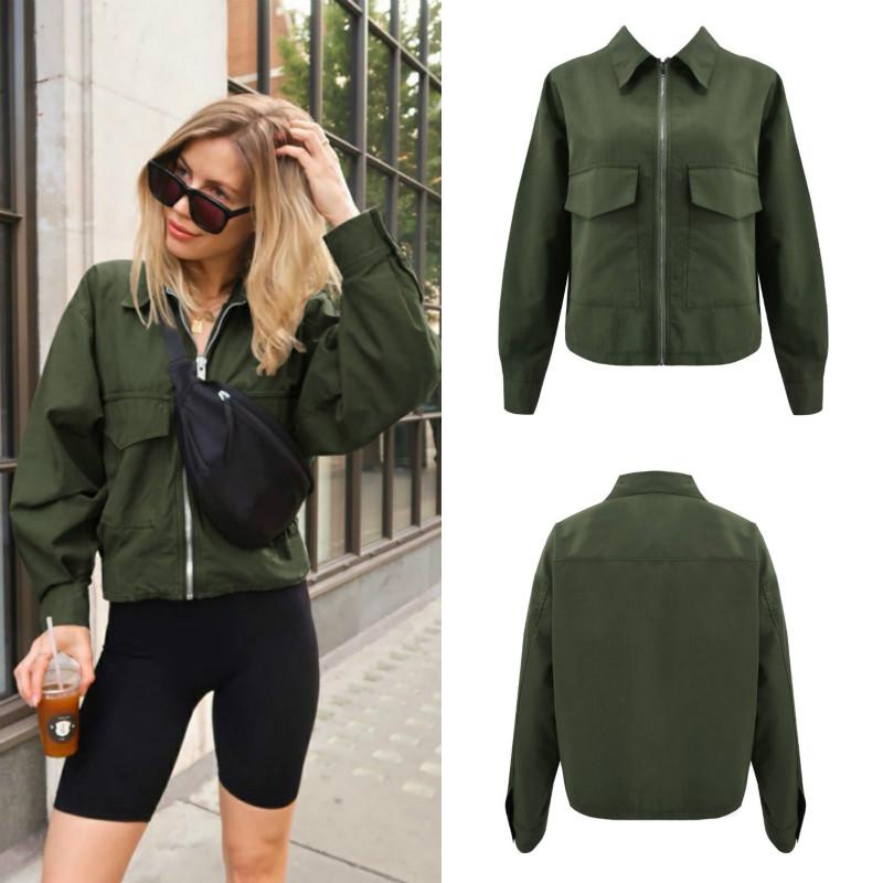 

Women' Zip Cardigan New European and American Hot Sale Lapel Long Sleeve Solid Color Pocket Casual Short Jacket, Army green
