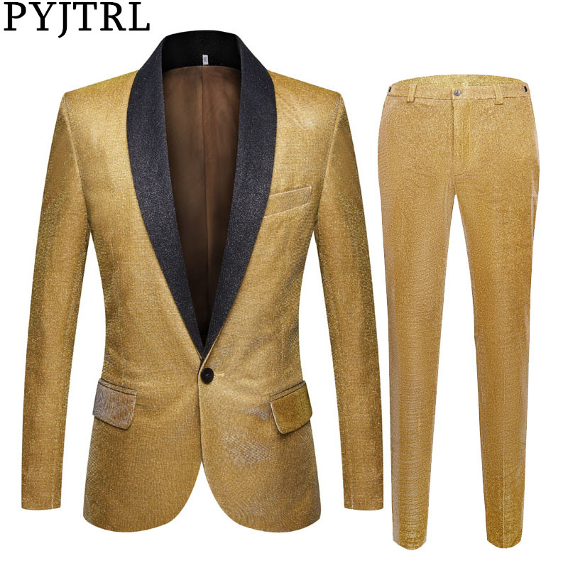 

PYJTRL Mens Shiny Gold 2 Pieces Set Suits Latest Coat Pant Designs Wedding Suits Tuxedos Party Prom Singers Clothing