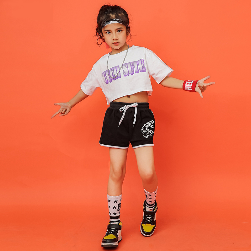 

Summer New Suit Fashion Dance Personality Girl Gorgeous Hip Hop Letter Short Sleeve Playful Cute White Shorts Suit