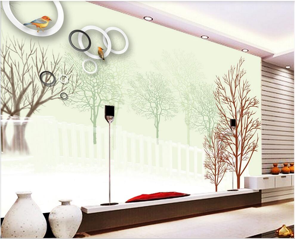 

3D wall covering custom mural wallpaper Simple Korean version of the small tree winter bird circle TV background wall home decor wall papers, Black