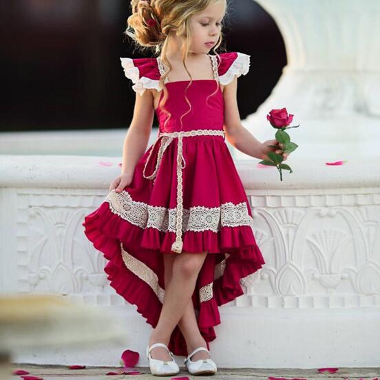 

Ins style new summer swallowtail ack hollow out girl wine red sexy girl dress kids clothing elegant ins Summer dress, As picture