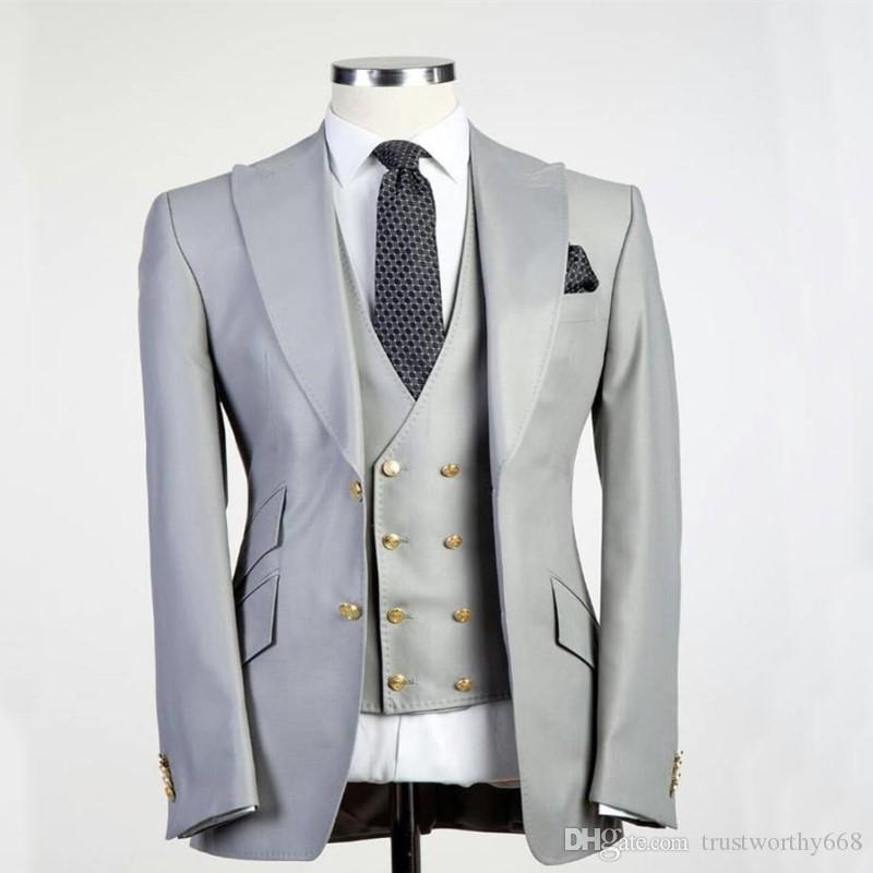 

New Arrival Two Buttons Groomsmen Peak Lapel Groom Tuxedos Men Suits Wedding/Prom Best Man Blazer ( Jacket+Pants+Vest+Tie) A398, Same as image