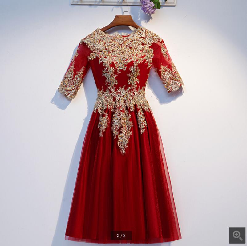 

Real photo 2020 wine tulle short vintage a line cocktail dress lace appliques beaded half sleeve modest petite prom party dress, Beige