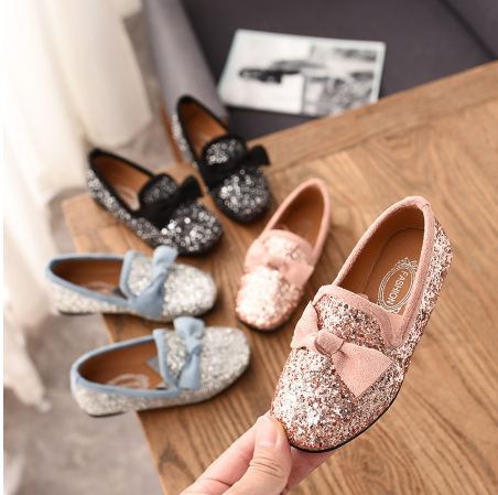 

New Spring Girls Shoes For Children's Fashion Princess Bow Sequin Casual Shoes Girls Soft Bottom Flowers Princess, Black