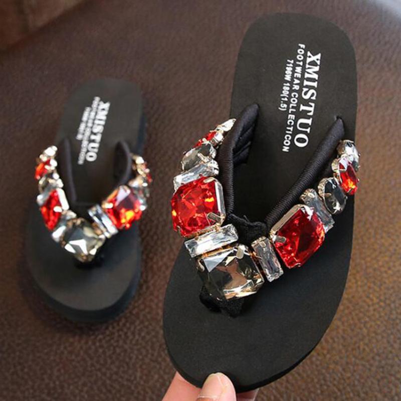 

2020 Parent-child Beach Flip Flops Summer Gem Rhinestone Sandals child Slippers Non-slip soft bottom girl Flat Slippers sh262, Black