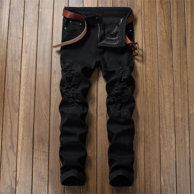 

Torn trousers men high street men jeans zipper knee knocked through the hole hole club denim fabric elastic jeans, Black