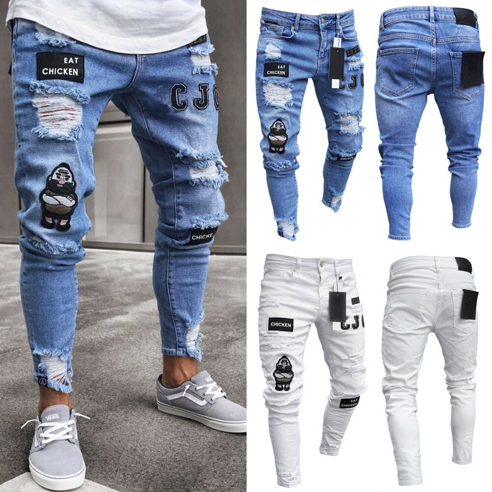 

Fashion Men Stretchy Ripped Skinny Biker Hip Hop Jeans Destroyed Taped Patch Slim Pencil Denim Long Pants, Blue