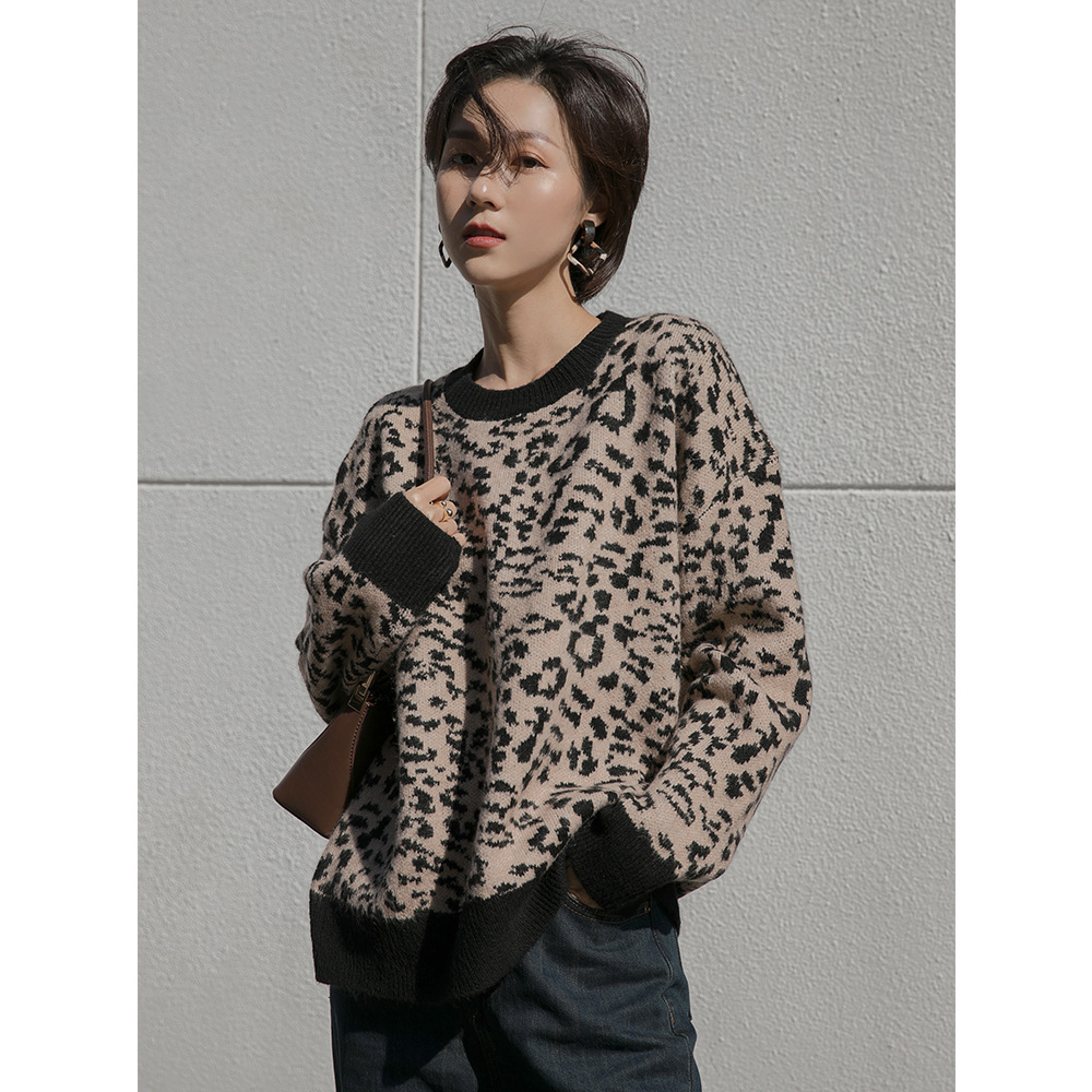 

Fashion Leopard Knitted Sweaters O-neck Women Fashion New Pullover Sweaters Thick Elastic Personality Full-sleeve Women, Pink