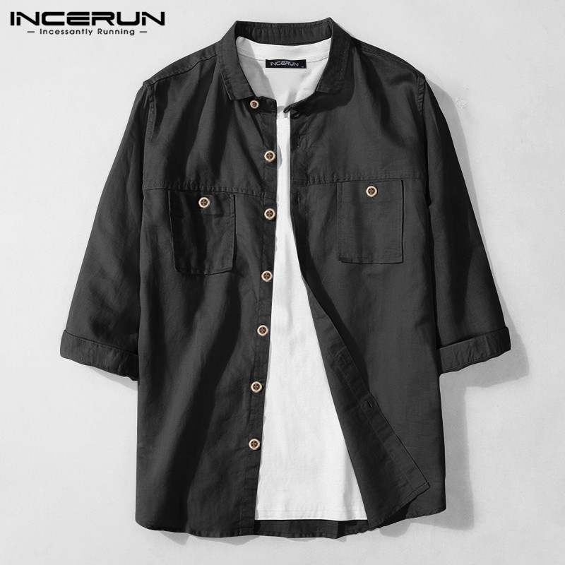 

INCERUN Fashion Men Casual Shirt Lapel Half Sleeve Button 2020 Streetwear Cotton Shirts Solid Color Chic Camisa Harajuku -5XL, Light pink shirt