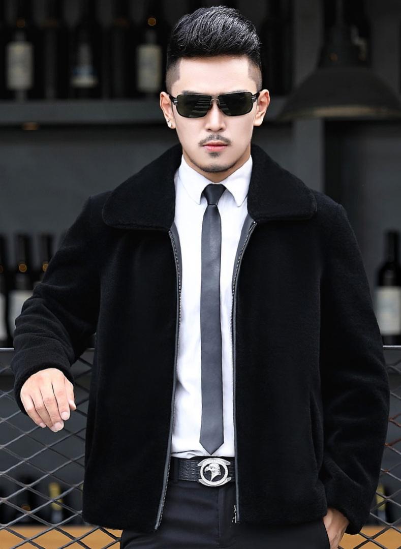 

Haining mens shearing jacket real wool one piece men's wool coat leather coat men's fur shearling sheepskin MX0120, Black with hooded