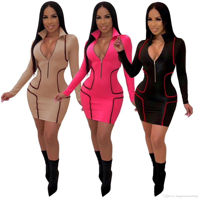 

Women Deep V Bodycon Dress Front Zipper Designer Pencil Dress Slim Fit Skinny Dresses, Pink