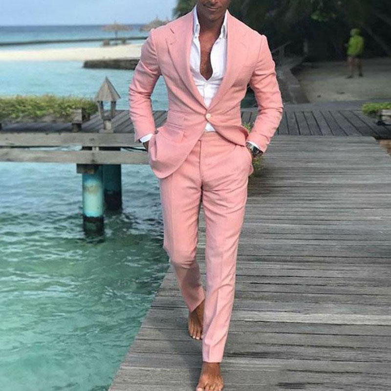 

2020 Beach Groom Wedding Tuxedos Pink 2 Pieces Handsome Mens Pants Suits One Button Slim Fit Groomsmen Wear (Jacket+Pants, Black