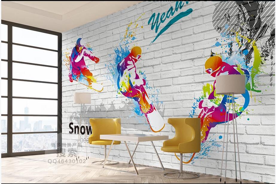 

3d wallpaper wall stickers custom Ski sports white brick tooling background wall Decorative paintings modern 3d photo wallpaper for walls, Non-woven wallpaper