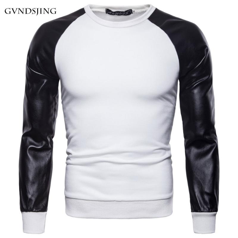 

Mountainskin PU Leather Patchwork Men's Long Sleeve T Shirt 3XL Autumn Fashion Coats Men Outerwear O-Neck Male Clothing Slim Fit, White