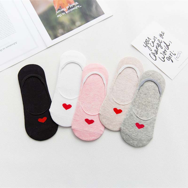

1 Pair New Kawaii Cute Socks Women Red Heart Pattern Invisible socks Breathable Cotton Ankle-High Casual Comfy, Beige