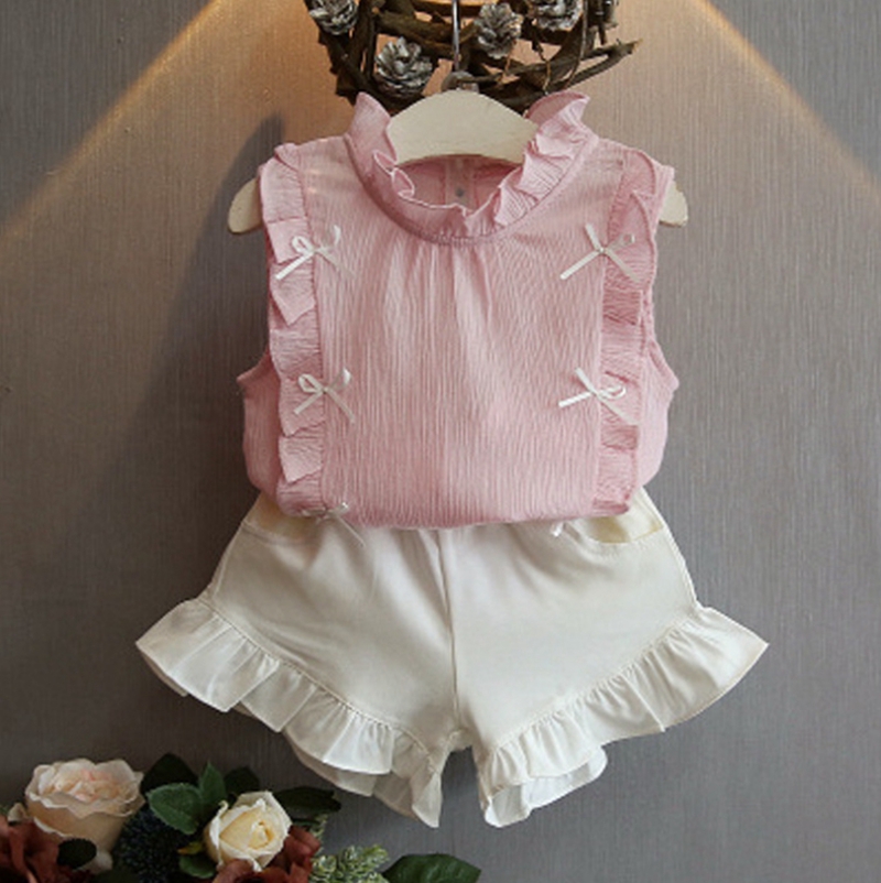 

Kids Designer Clothes Girls Ruffled Tops Shorts 2pcs Sets Sleeveless Bow Girl Suits Solid Children Outfits Summer Kids Clothing DHW4039, 1 lot=1tops+1shorts