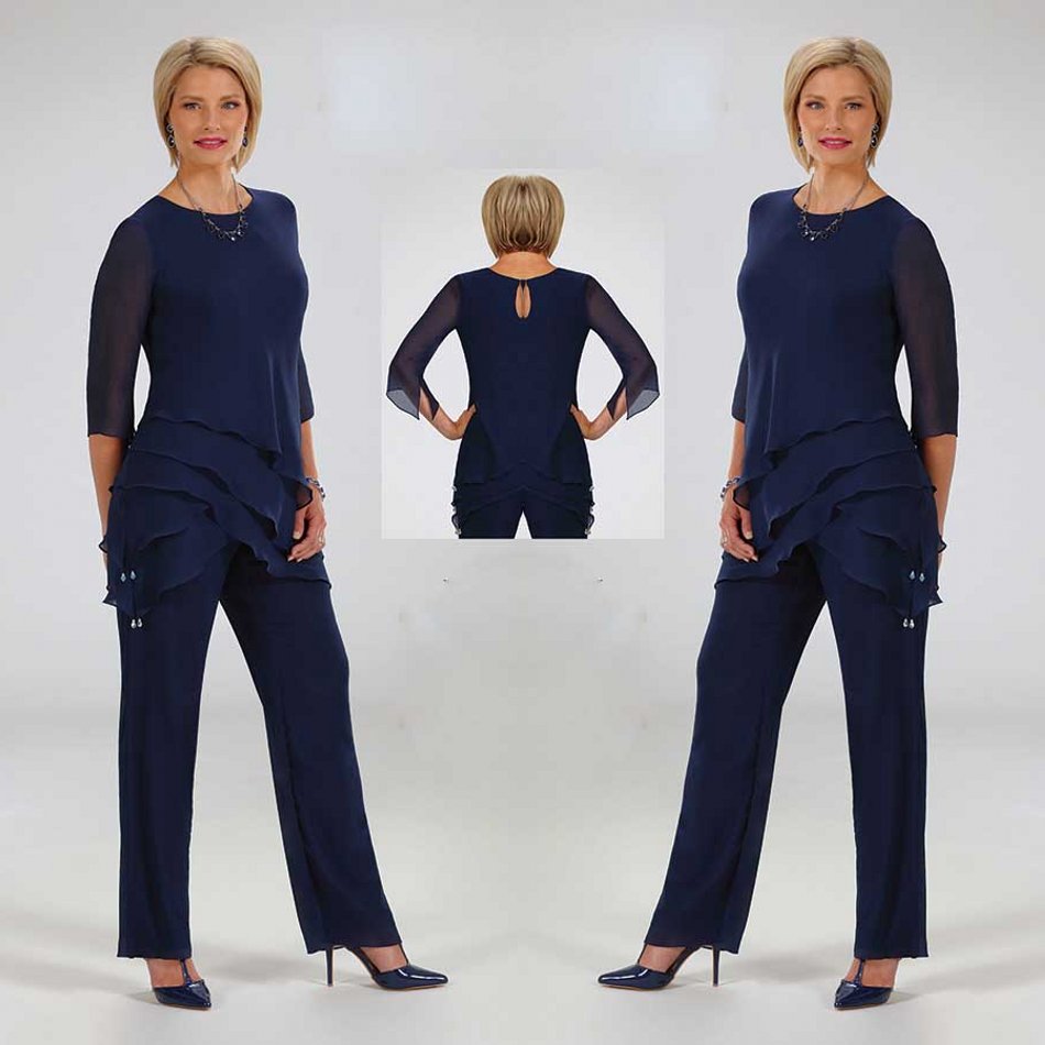 

2020 Ursula Navy Mother Of The Bride Pant Suits Chiffon Ankle Length Long Sleeves Wedding Guest Dress Crystal Outfit Evening Gowns
