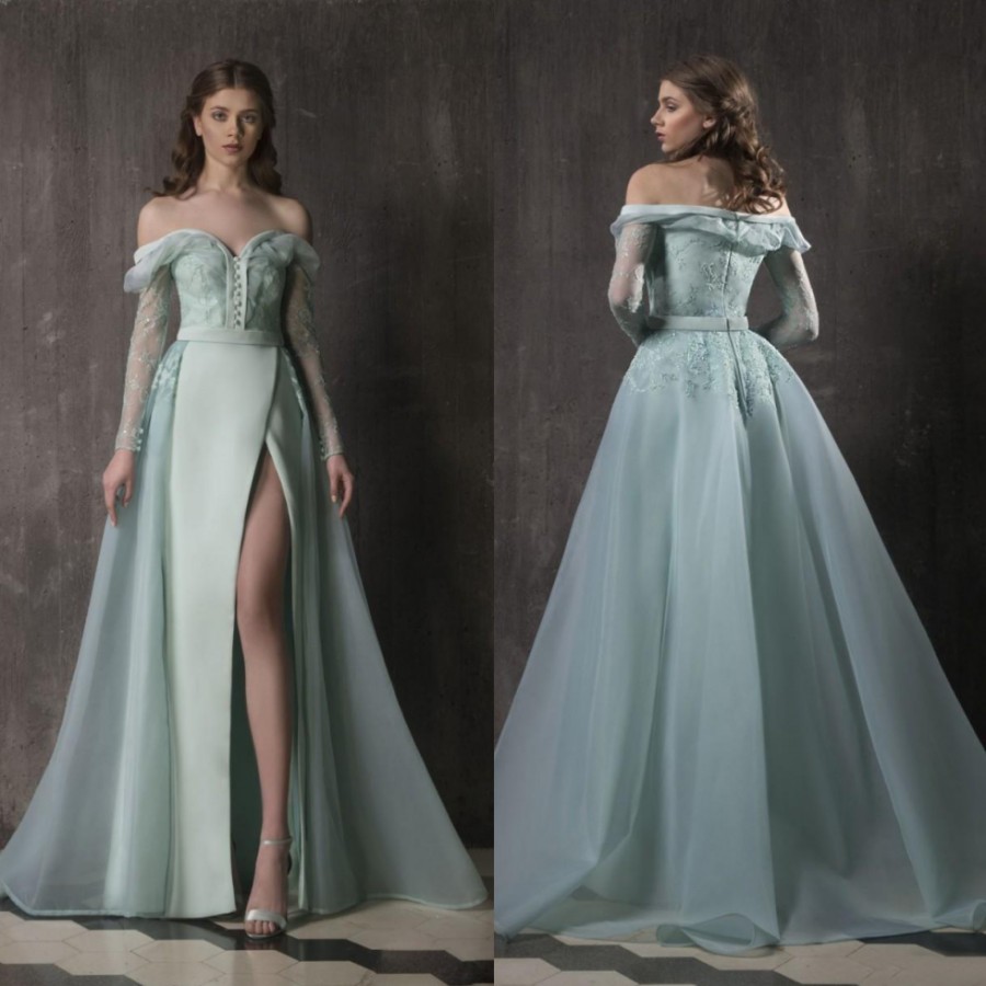 

Sage Long Sleeves Lace Prom Dresses Off The Shoulder Overskirt Side Split Formal Dress A Line Floor Length Organza Evening Gowns, Light sky blue