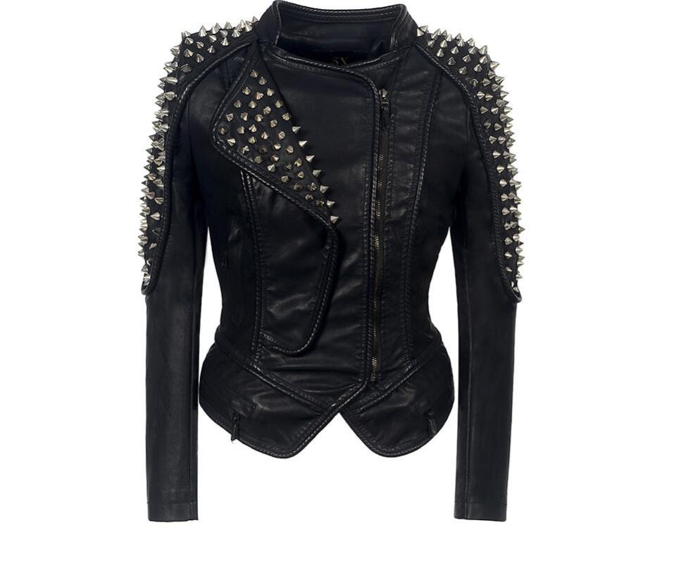 

Women Leather Jacket New Spikes Stars Slim Bi-metal Silver Rivet Metallic Jacket PU Punk Biker Leather Coats, Black
