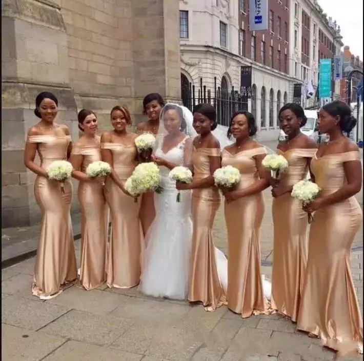 

2019 New Gold Bridesmaid Dresses Sexy Off Shoulder Mermaid Long For Wedding Guest Dress Plus Size Party African Formal Maid Of Honor Gowns