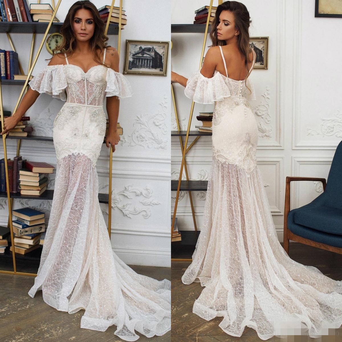 

Sexy Off the Shoulder Mermaid Wedding Dresses Boho Luxury Crystal Beaded Spaghetti Straps Sweep Train Lace Wedding Gown vestido de novia, Dark navy