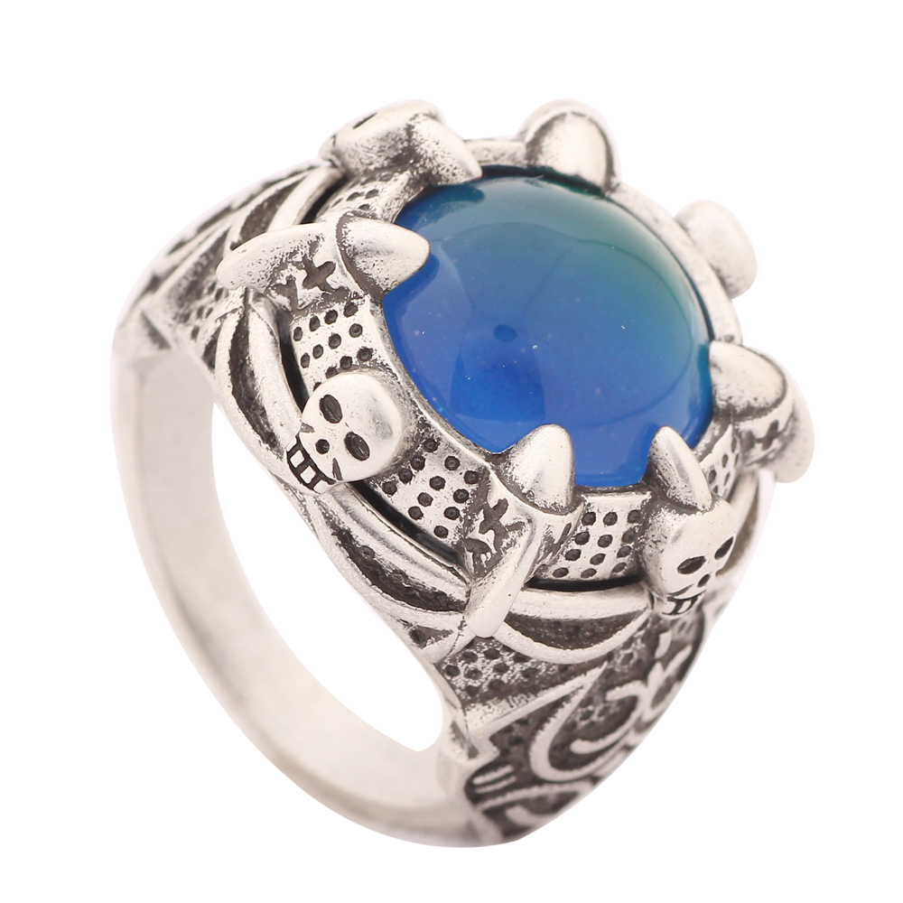 New Fashion Design Handmade Mens Antique Silver Plated Skull Claw Rings Color Change Mood Stone Ring Size 9/10-image-544918596