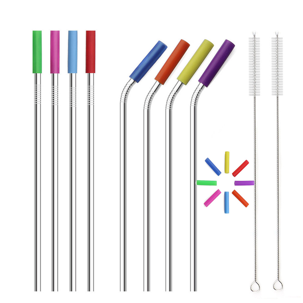 

8PCS/LOT Reusable Drinking Straws With Silicone Tips Straw Stainless Steel Metal Bent and Straight Straw 2 Brushes For 20oz 30oz