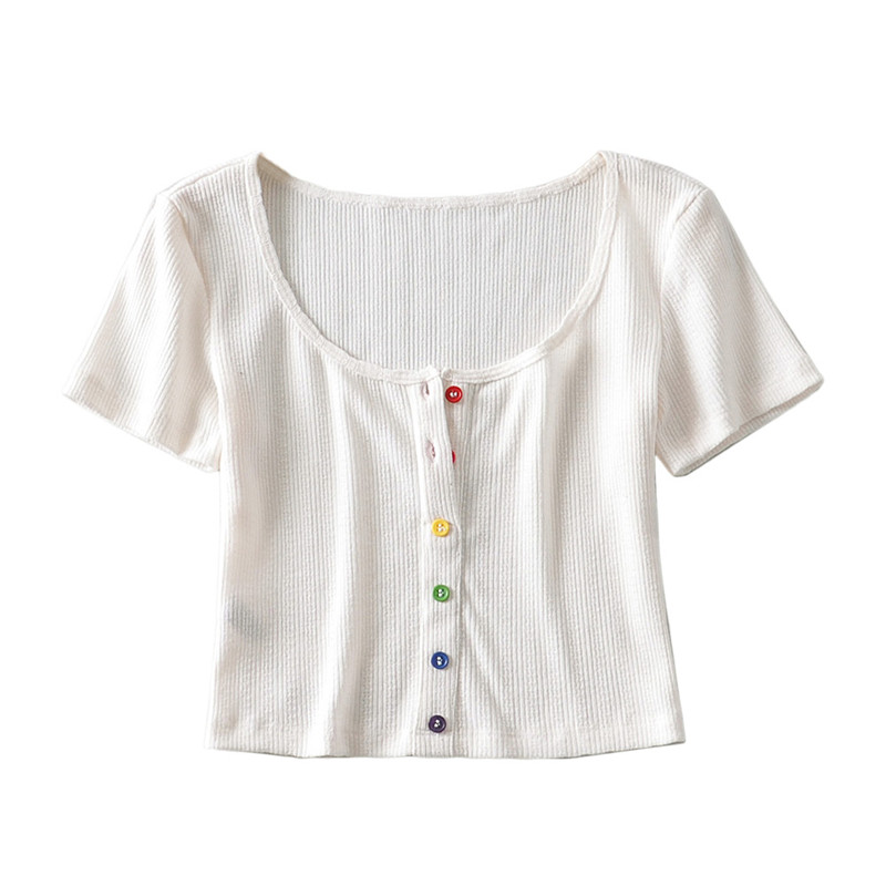 

The new two-button rainbow U-neck comfortable simple high waist short sleeve T-shirt exposed navel short top, Black