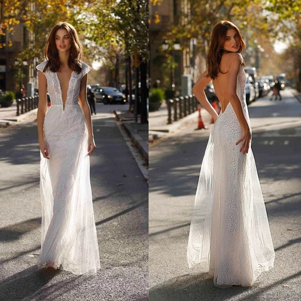 

2021 Fashion Wedding Dresses Sexy Deep V Neck Capped Sleeve Lace Appliques Bridal Gowns Open Back Sweep Train Mermaid Wedding Dress, White