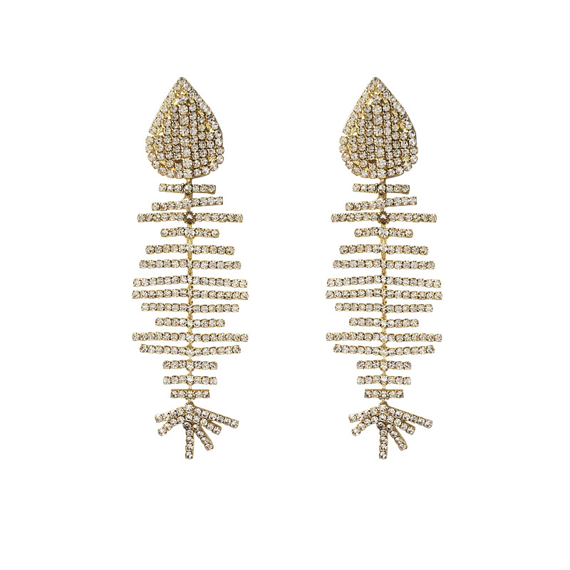 

Women's Fashion Jewelry Full of Crystal Earrings Exaggerated Accessories Hot Shiny Rhinestone Fish Bone Charm Pendant Earrings