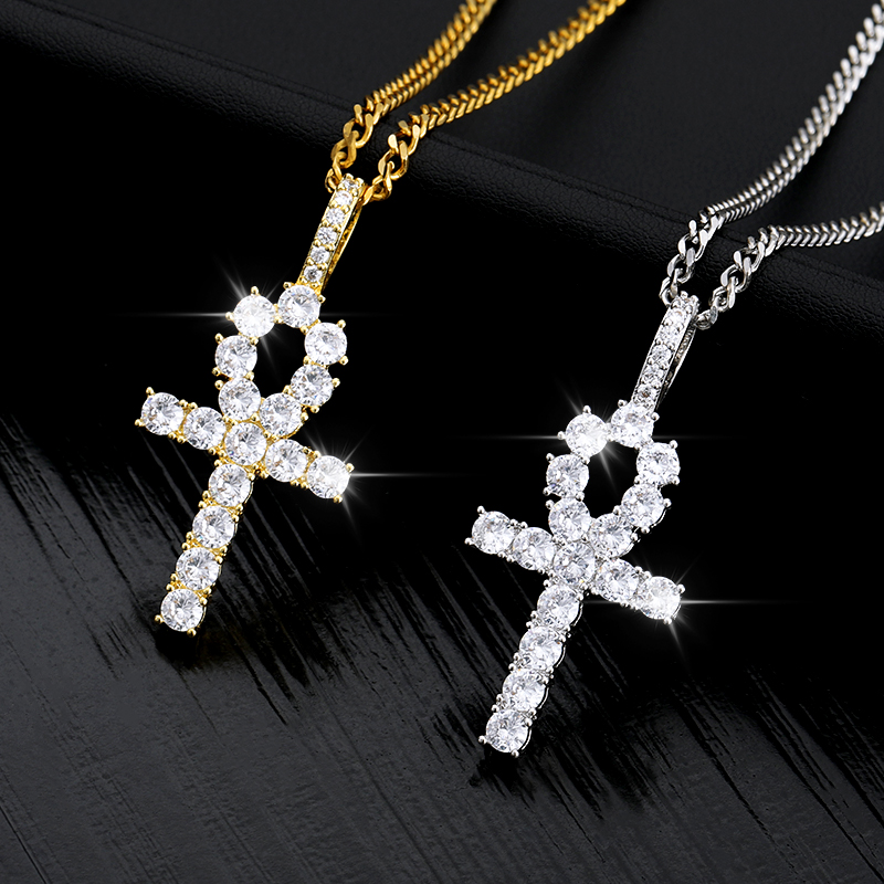 

Pendant Necklaces Fashion Crystal Zircon Cross For Women Men Stainless Steel Key Of Life Necklace Choker Collar Hip Hop Jewelry