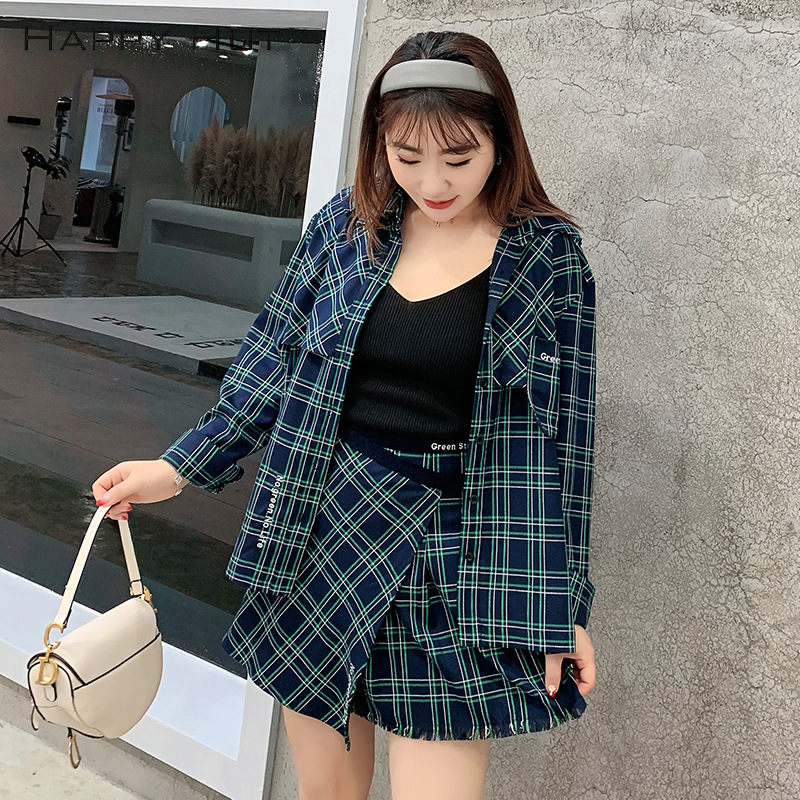 

Lace Check Skirt 2020 Spring 2piece set women clothes 2 piece set women Plus size women's clothing CURNE030813