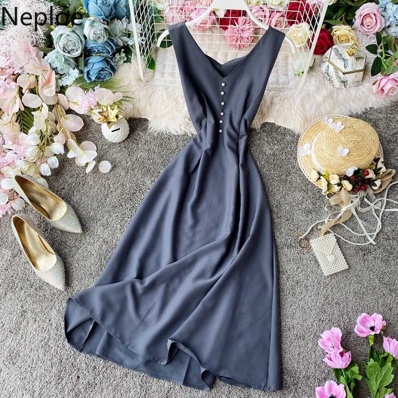 

Neploe Women Sleeveless Tank Dress Buttons V-neck Summer Korean Solid Dresses Vintage Slim A-line Vestidos 2020 New 4A322, Black