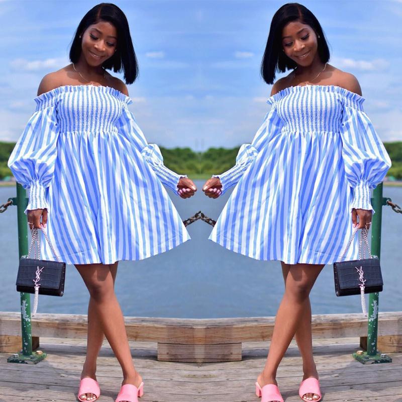 

2020 new women summer stripes print off shoulder lantern long sleeve big swing mini dress bohemian beach fashion dresses