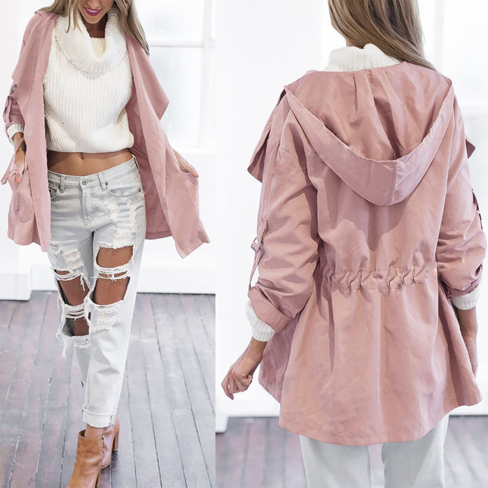 

Lugentolo Trench Coat Spring and Autumn New Style Hooded Long Sleeve Belt Solid Color 5 Color, Pink