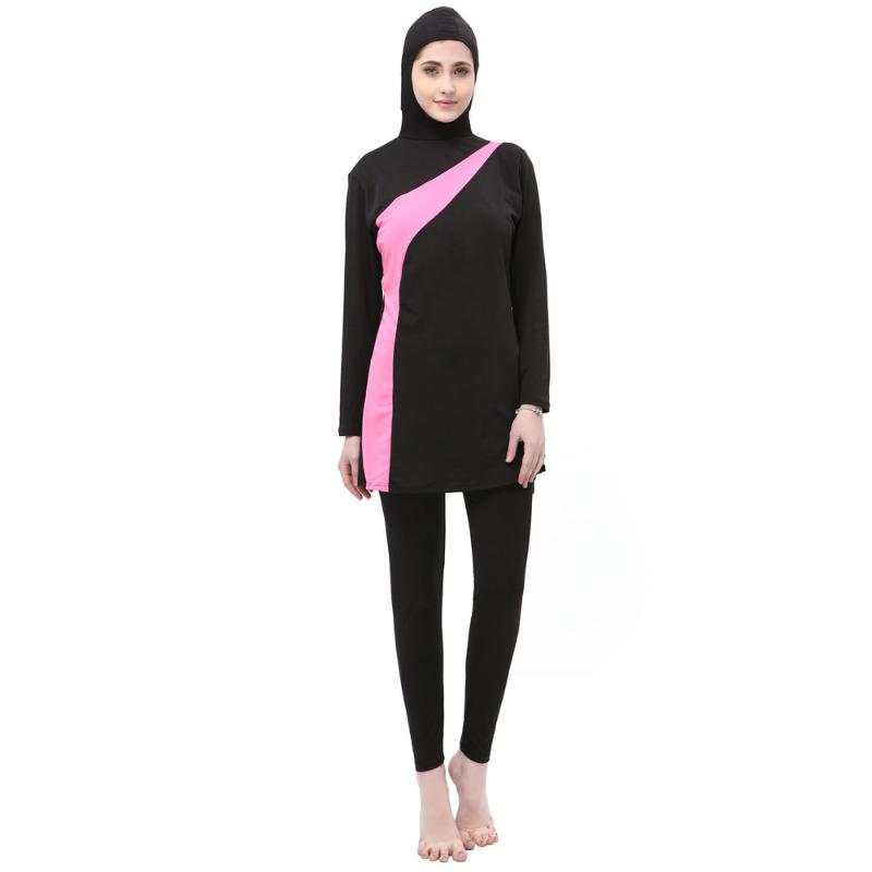 

modest Swimwear Women Patchwork Hijab Long Sleeves Sport Swimsuit 2 pieces sets full cover Islamic Burkinis Wear Bathing Suit