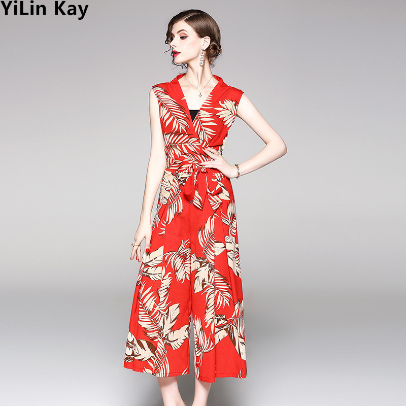 

YiLin Kay High Quality Fashion Runway Designer jumpsuit 2019 Chiffon leaf print fake 2 pieces beach wide leg jumpsuit, Red