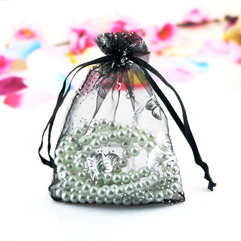 Multi size and multi color 7*9 cm silk bag with silver butterfly small jewelry packaging bag with drawstring Transparent mesh bag-image-497538408