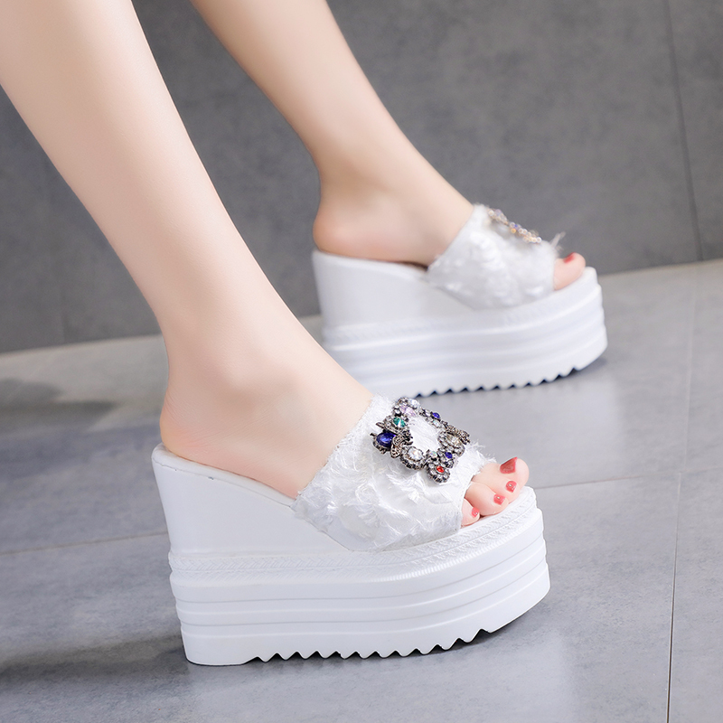 

2020 summer new fashion rhinestone thick bottom ladies slippers wear-resistant high-heeled wedge sandals and slippers, Black