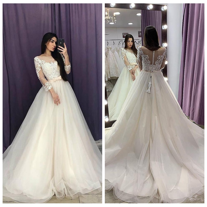 

2020 Sheer Quarter Lace Appliques A-Line Wedding Dresses Tulle Skirt Formal Bridal Gowns With Ribbon Formal Vestidos De Marriage Customized, Ivory