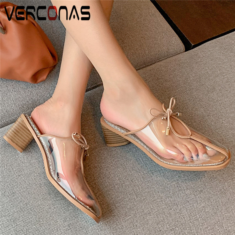 

VERCONAS Women Design Summer Concise Mules Slippers Square Toe High Heels Sandals Casual Shoes Lace Up Shoes Woman, Xingse
