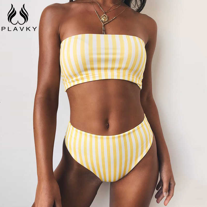 

PLAVKY 2020 Retro Sexy Yellow Striped Strapless Bandeau Biquini Cut High Waist Swim Bathing Suit Swimsuit Swimwear Women Bikini